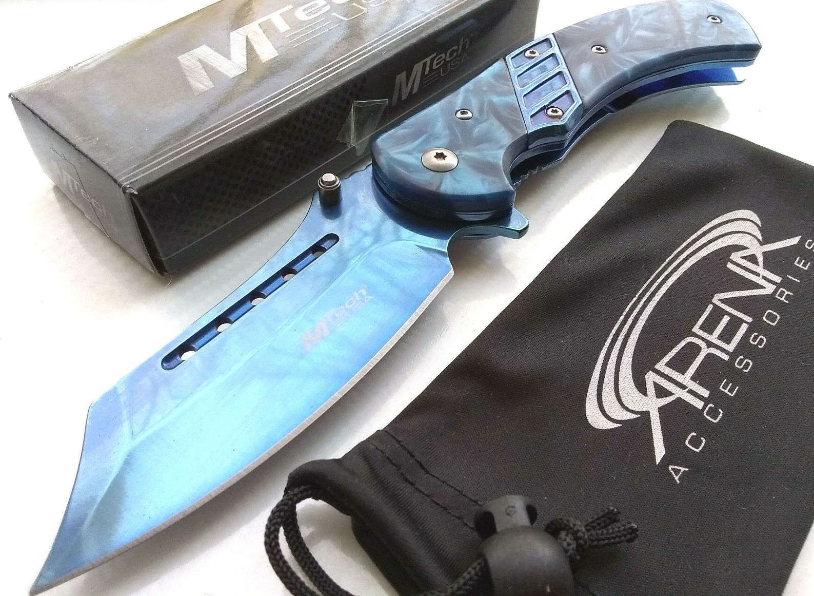 Blue Faux Abalone Spring Assisted Wharncliffe Pocket Knife Frame Lock EDC Blade