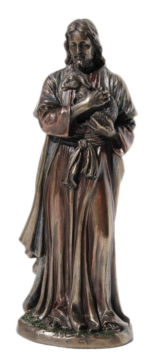 6.25 Inch Jesus Holding A Lamb Cold Cast Bronze Figurine Statue, Metallic Brown