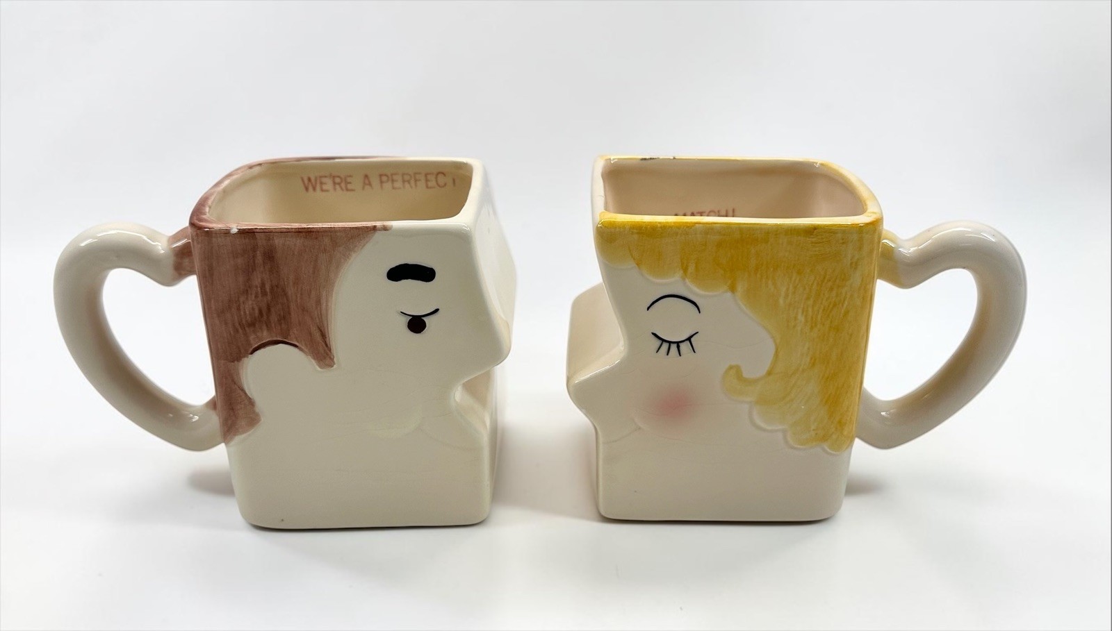 Vintage J.S.N.Y. “We\'re A Perfect Match” Interlocking Kissing Couple Mug Set