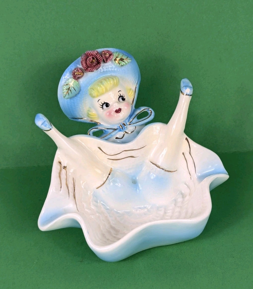 Vintage Whoopsie Daisy Bloomer Girl Blue Trinket Dish/Ashtray Made In Japan 