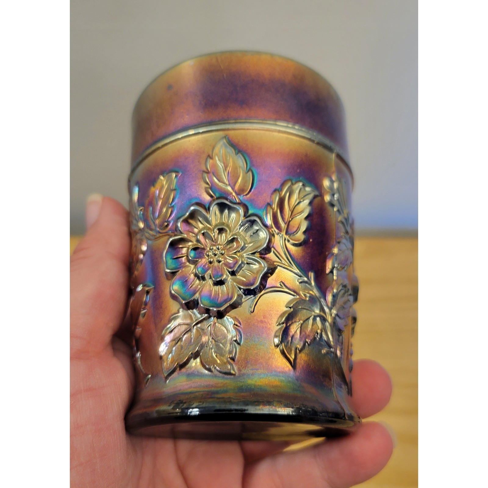 Antique Dugan Rambler Rose Cobalt Blue Carnival Glass Tumbler c1915 Iridescent