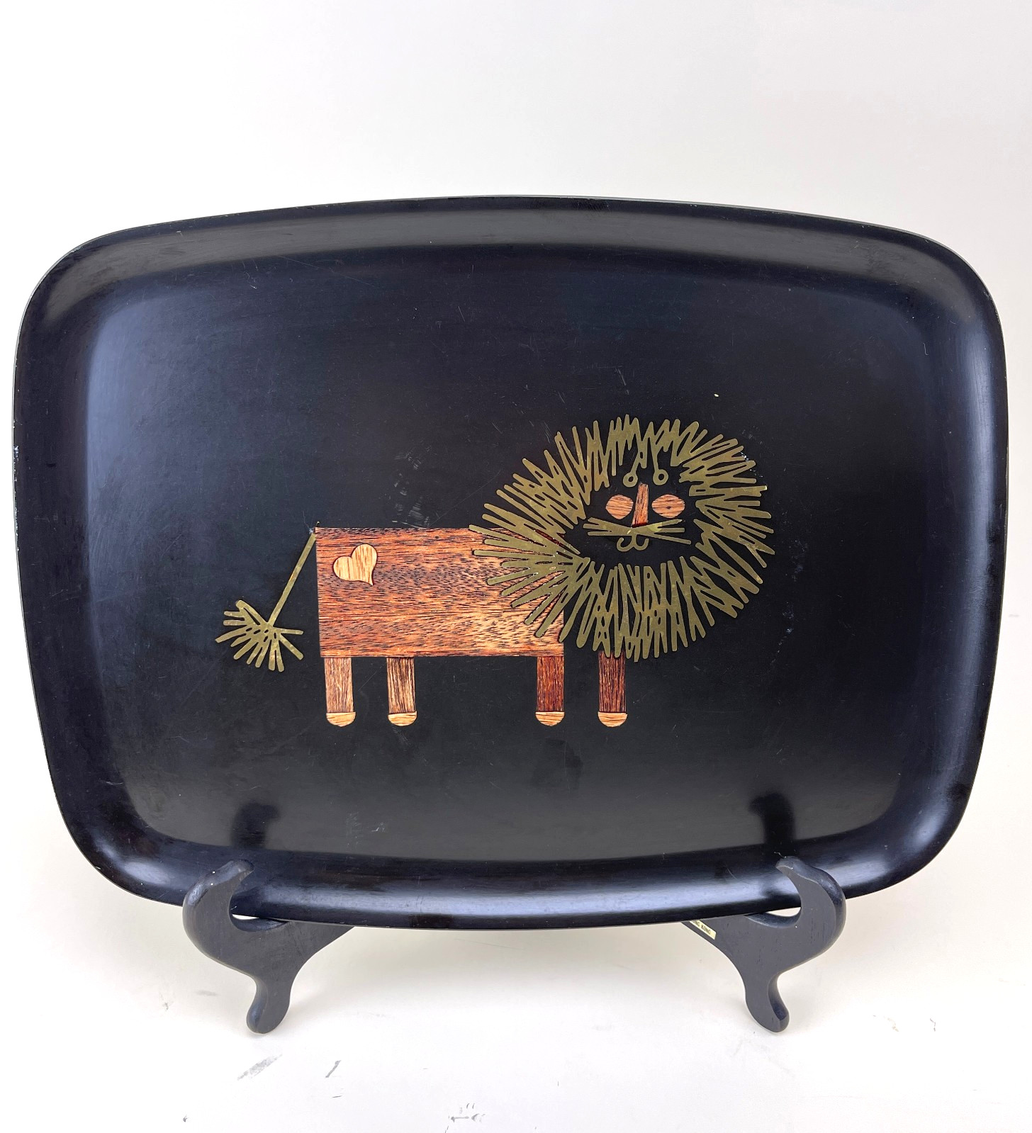 Vintage Couroc Monterey Lion Tray MCM Black Inlay Brass Wood 12.5” Modern 1960's