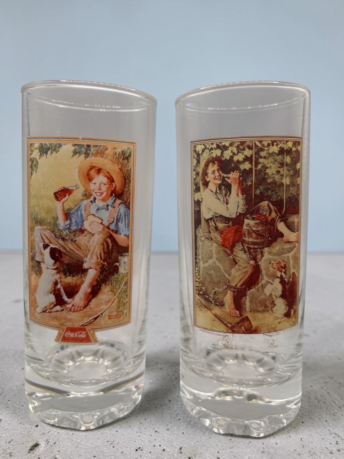Vintage Coca-Cola Norman Rockwell Drinking Glasses Set Of 2 Boy With Dog Retro A