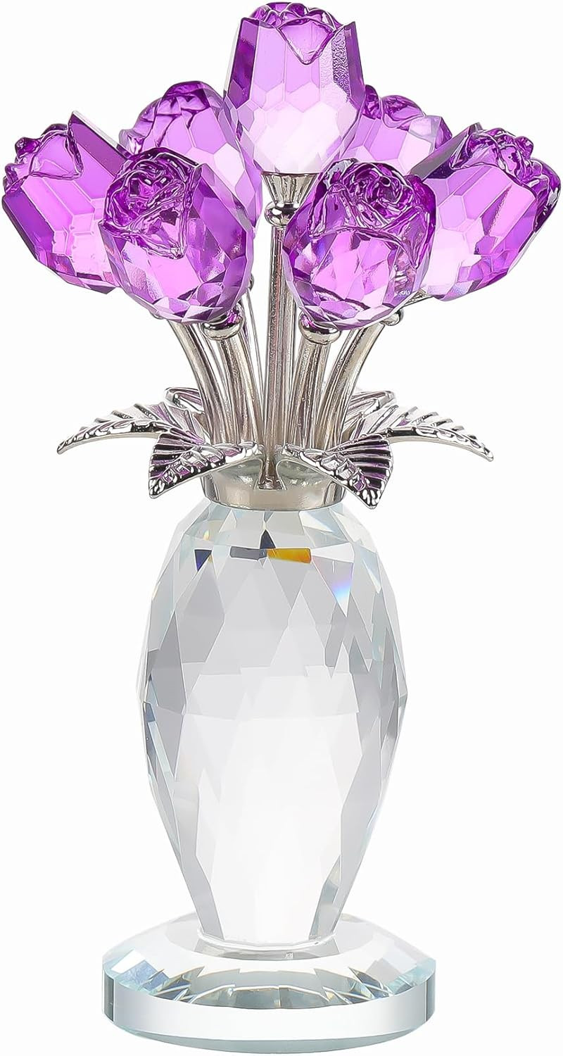 Handcrafted Crystal Purple Rose Figurine with Vase - Elegant Gift for Women