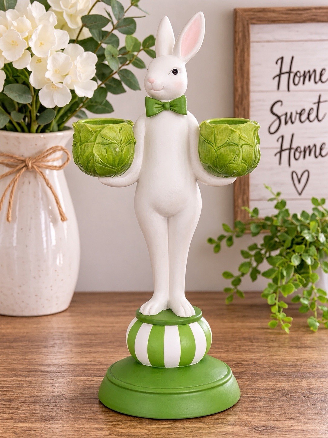 Lune Cle Bunny Candle Holder Hand Painted Rabbit Figurine Vintage Easter Decor