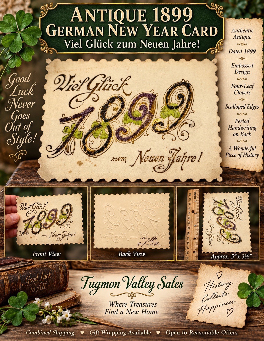 Antique 1899 German New Year Greeting Card Viel Glück Embossed Clover Victorian