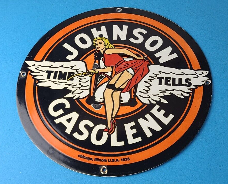 Vintage Johnson Gasoline Sign - Time Tells Gas Oil Pump Plate Porcelain Sign