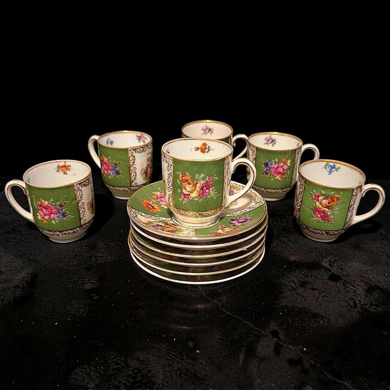 Rare Vintage Schumann Bavaria Demitasse Set (12 PCS)  Floral Gold Tea Set- 10155