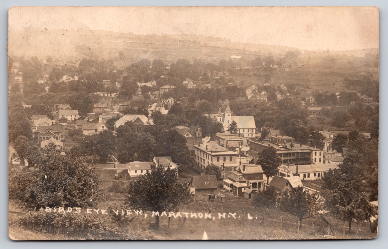 Bird\'s Eye View of Marathon, New York, Town Buildings, Homes, (RPPC) Postcard
