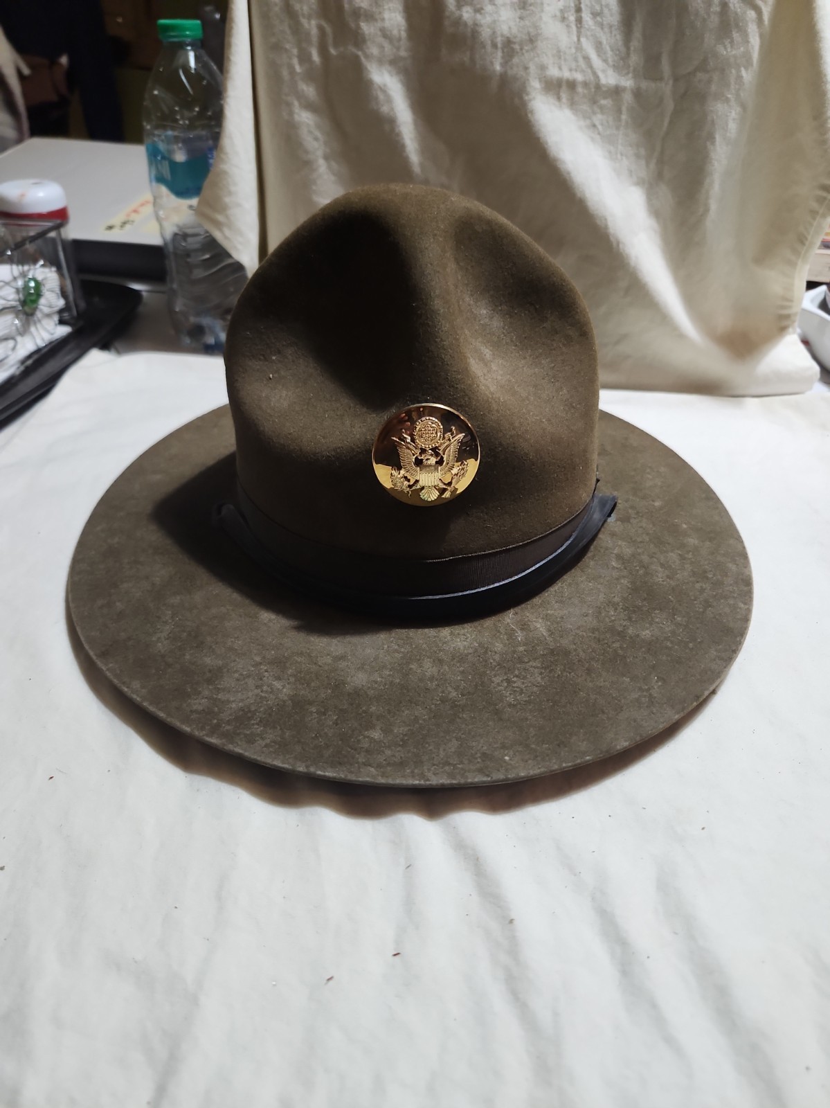 Vtg US ARMY Campaign Hat  Olive Drab Felt Drill Sergeant Montana Peak W/Strap