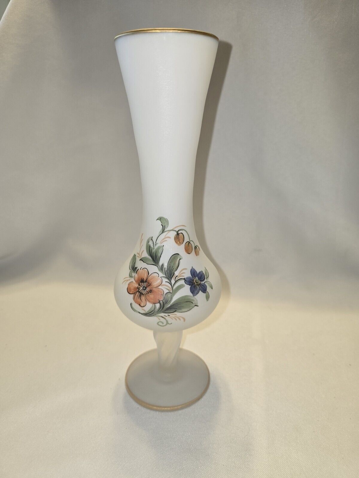 Bristol Frosted/Satin Glass Pedestal Vase Hand Painted Flowers 10”Tall