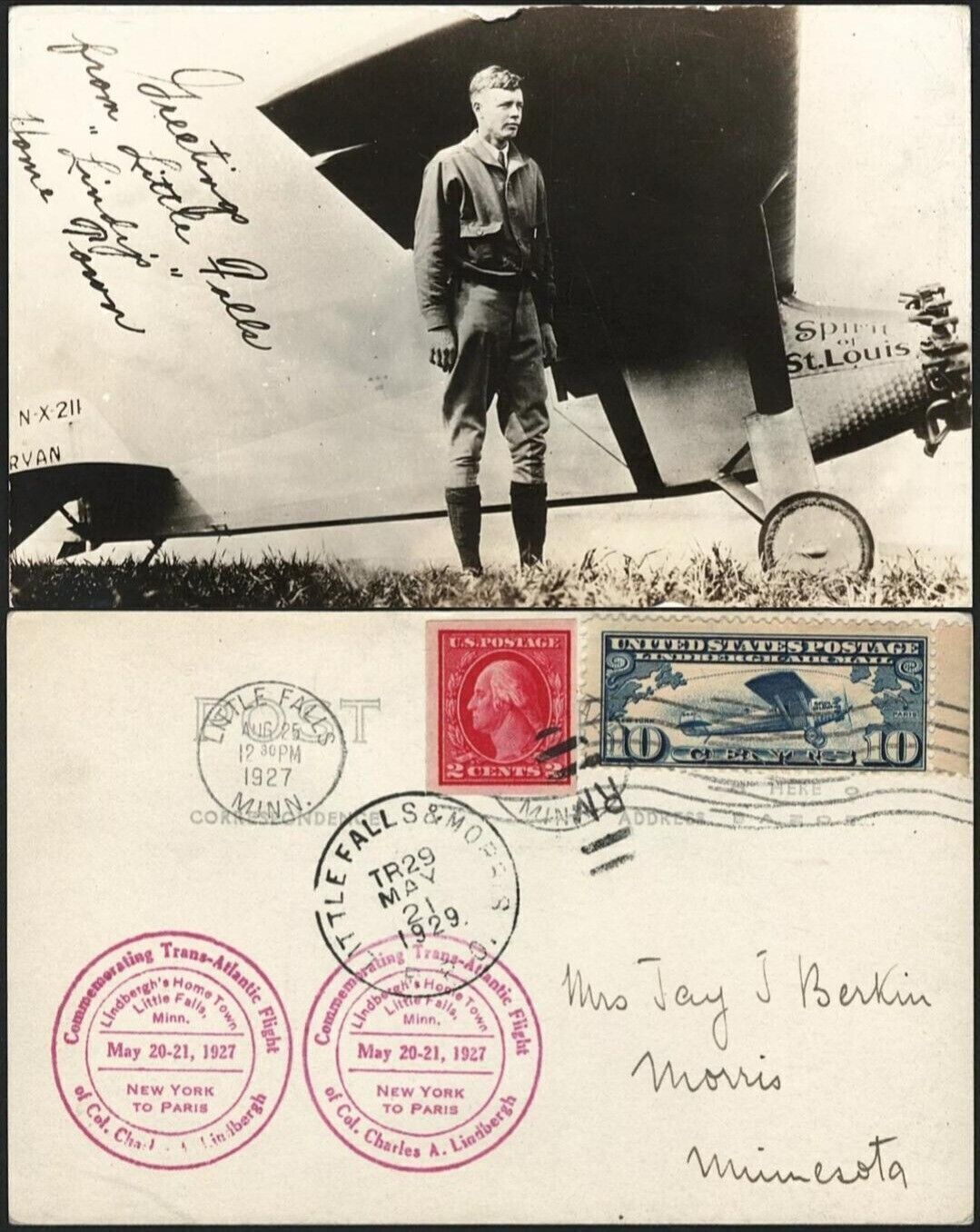 RPPC Charles Lindbergh From Little Falls Minnesota with LF Railway Cancel 1927