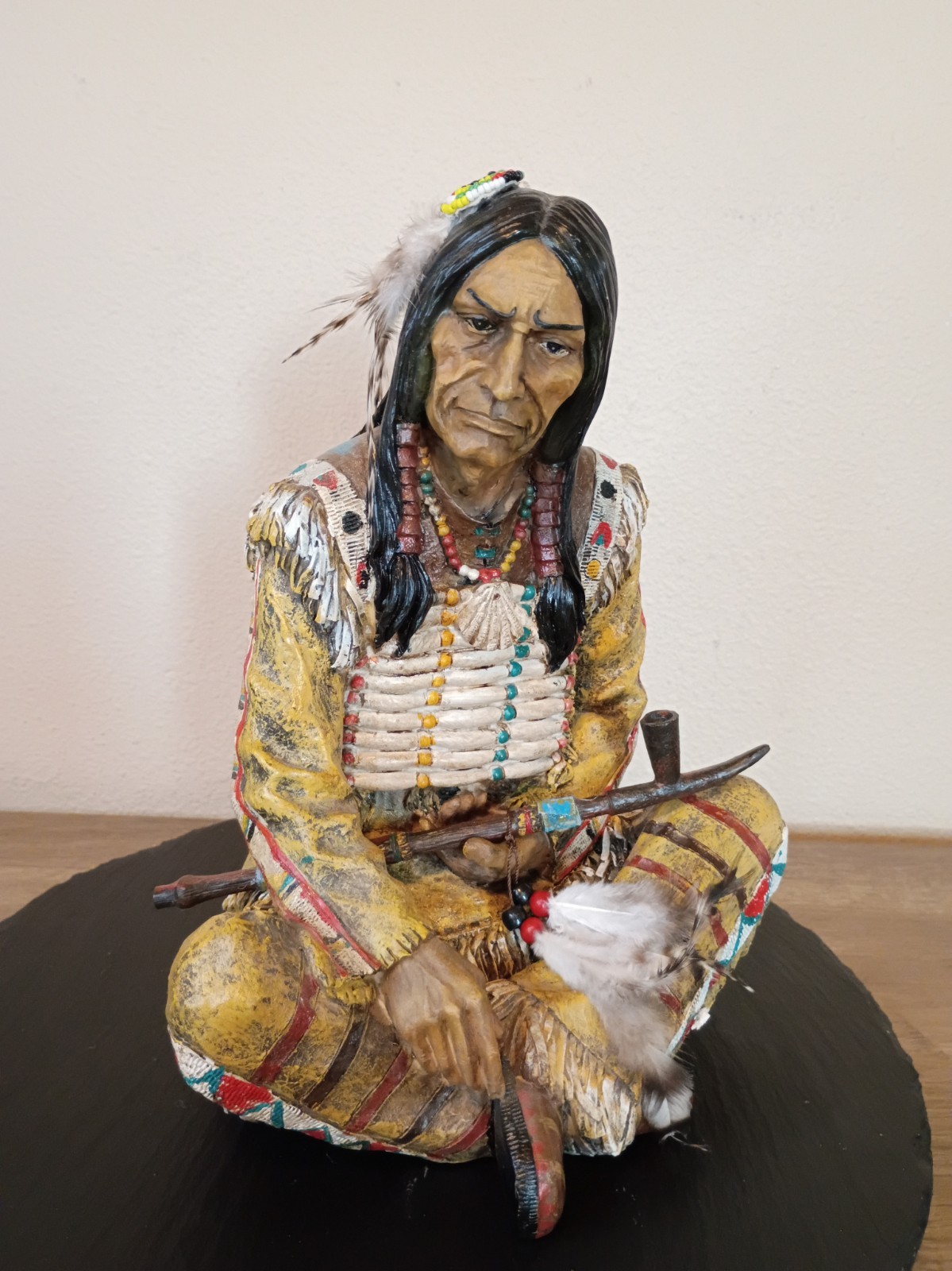 Vtg 11” Poly resin Indian Chief Sitting Statue Native American Figurine & Pipe