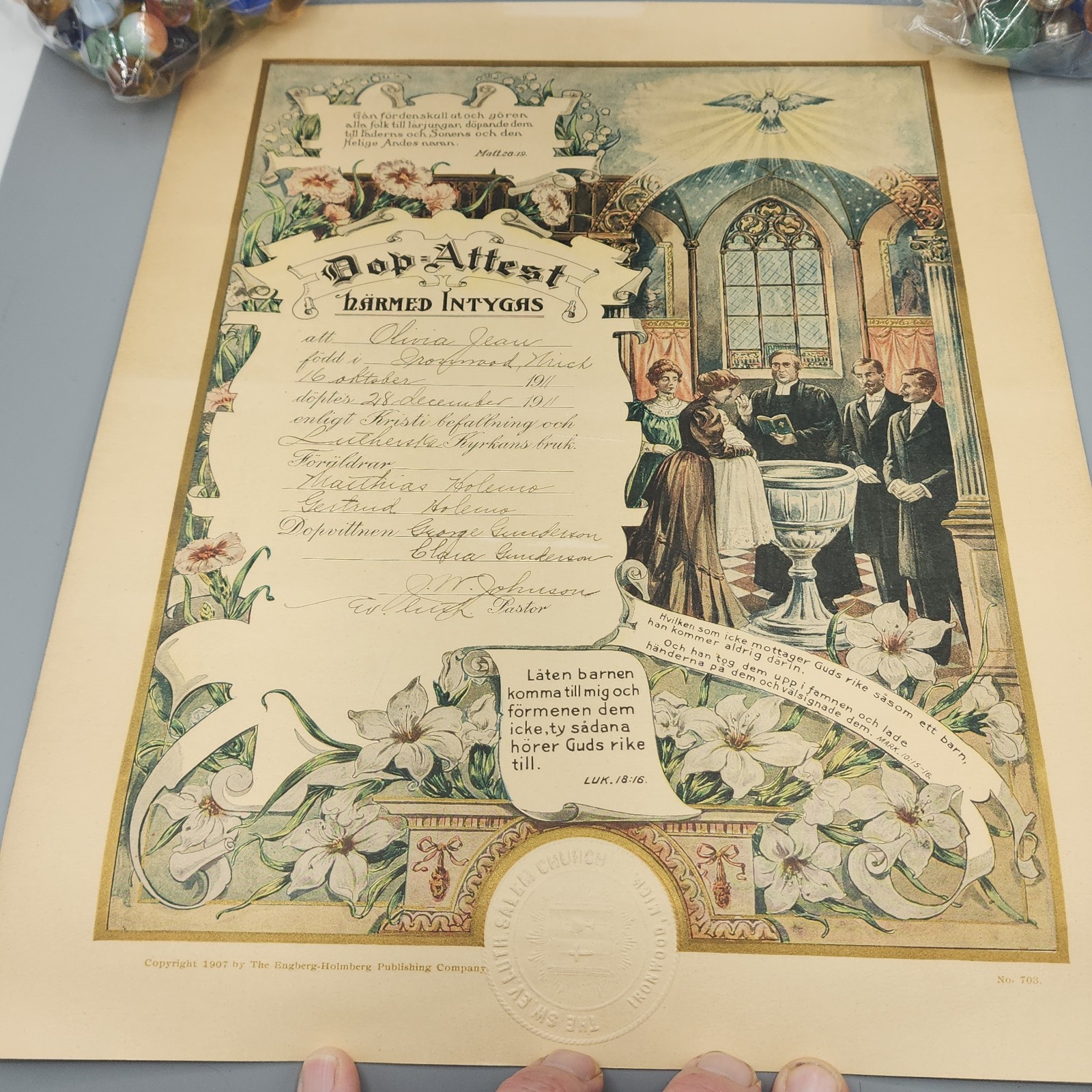 Antique Swedish Lutheran Baptism Certificate, 1911, Salem Ironwood, MI, READ Antique Swedish Lutheran Baptism Certificate, 1911, Salem Ironwood, MI, READ