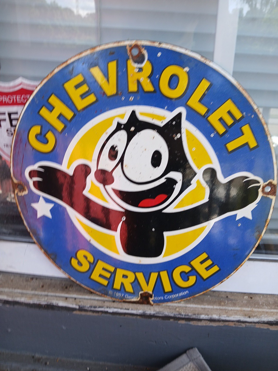 Vintage Large Chevrolet Sign - Felix the Cat Advertisement Gas Porcelain Sign