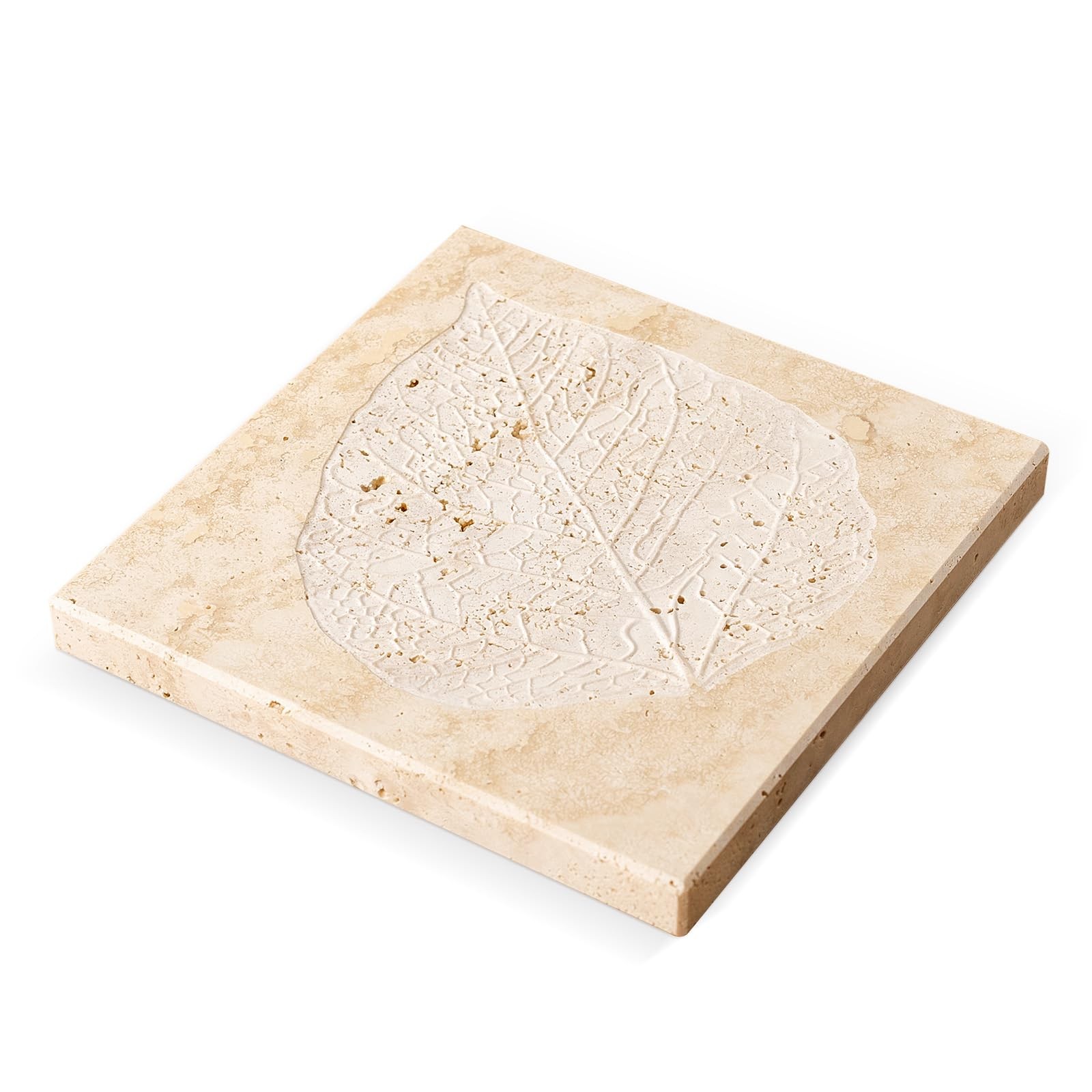 Natural Travertine Leaf Embossed Tray, 7.8inch Square Decorative Trays