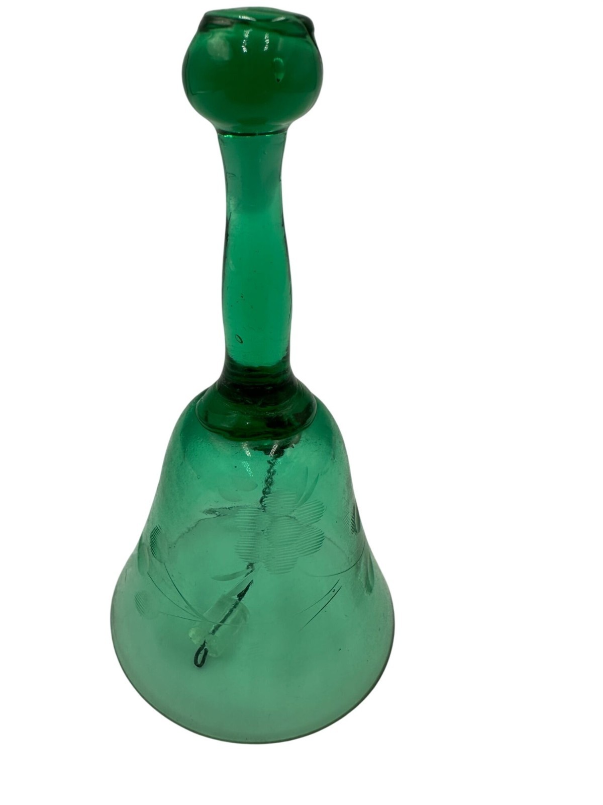 Vintage Green Glass Hand Bell With Etched Floral Pattern & Abstract Design