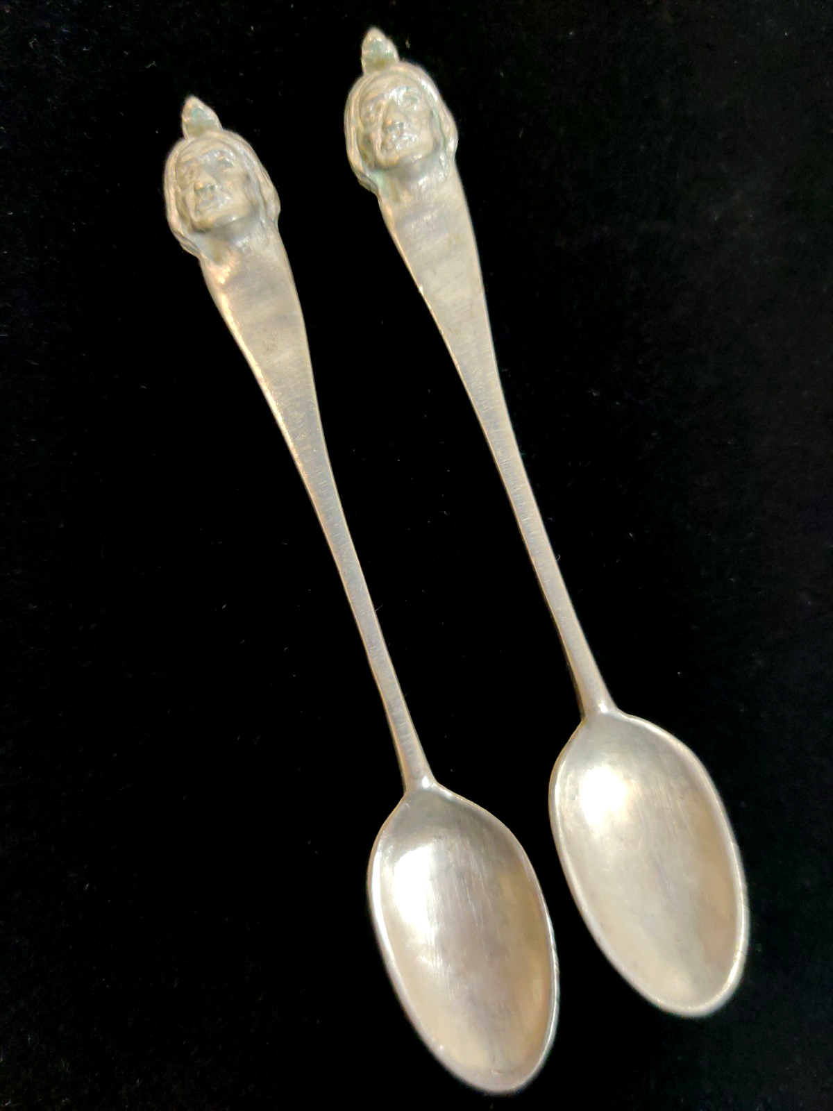 Vintage Indian Portrait Figural Pewter Souvenir Spoons Set of 2 Sitting Bull