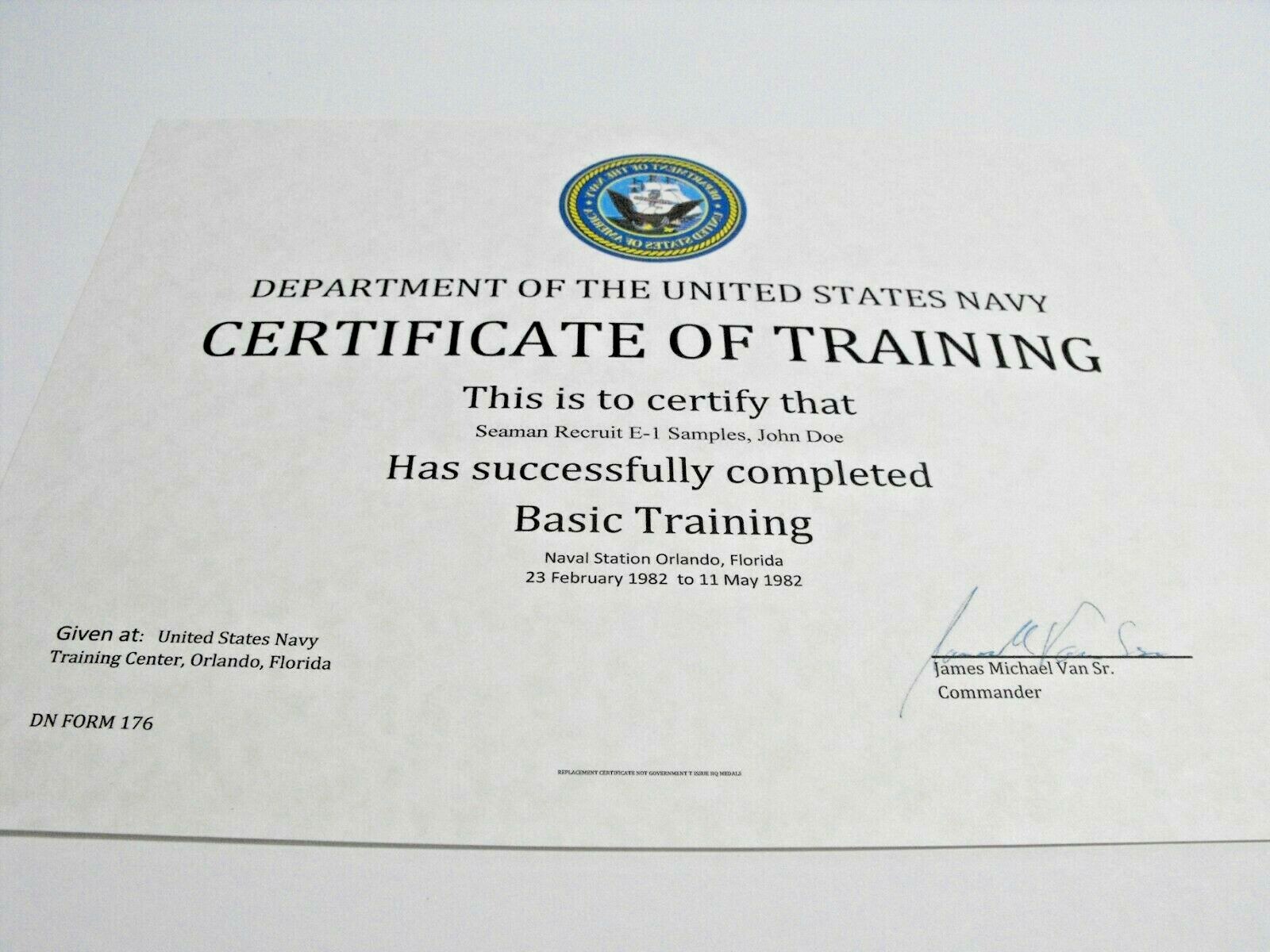 United States Navy Basic Training (Bootcamp) Replacement Certificate