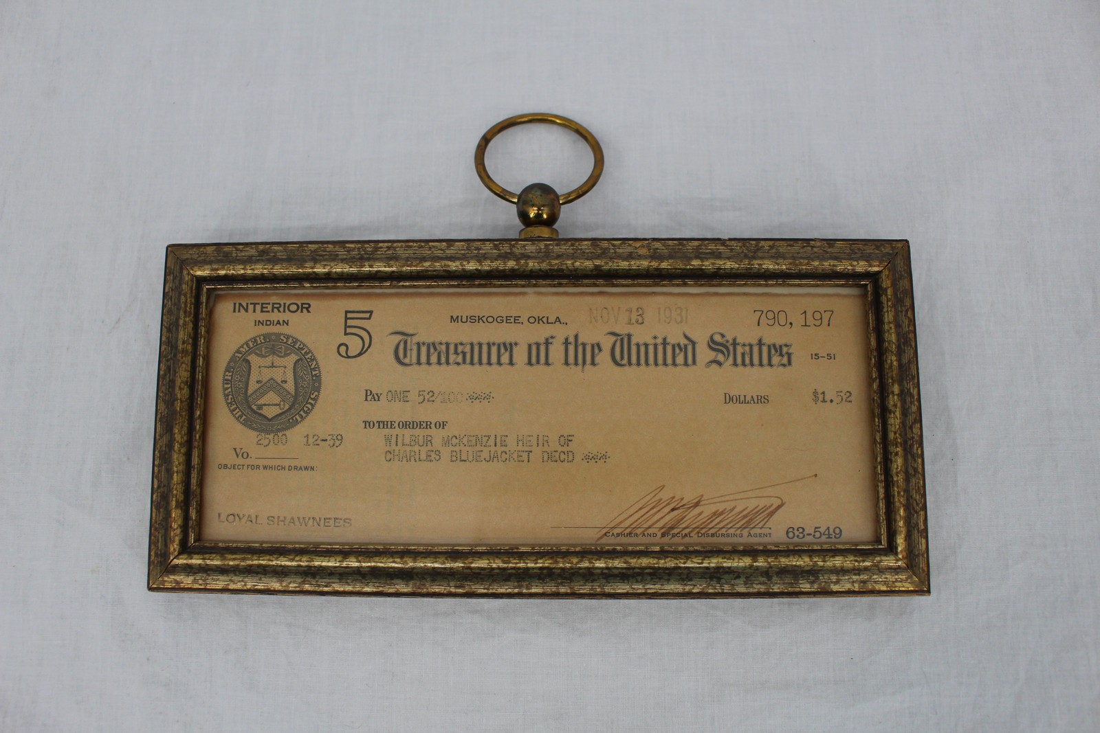 Vintage 1931 US Treasury Indian Check Framed Muskogee OK Cherokee Bluejacket