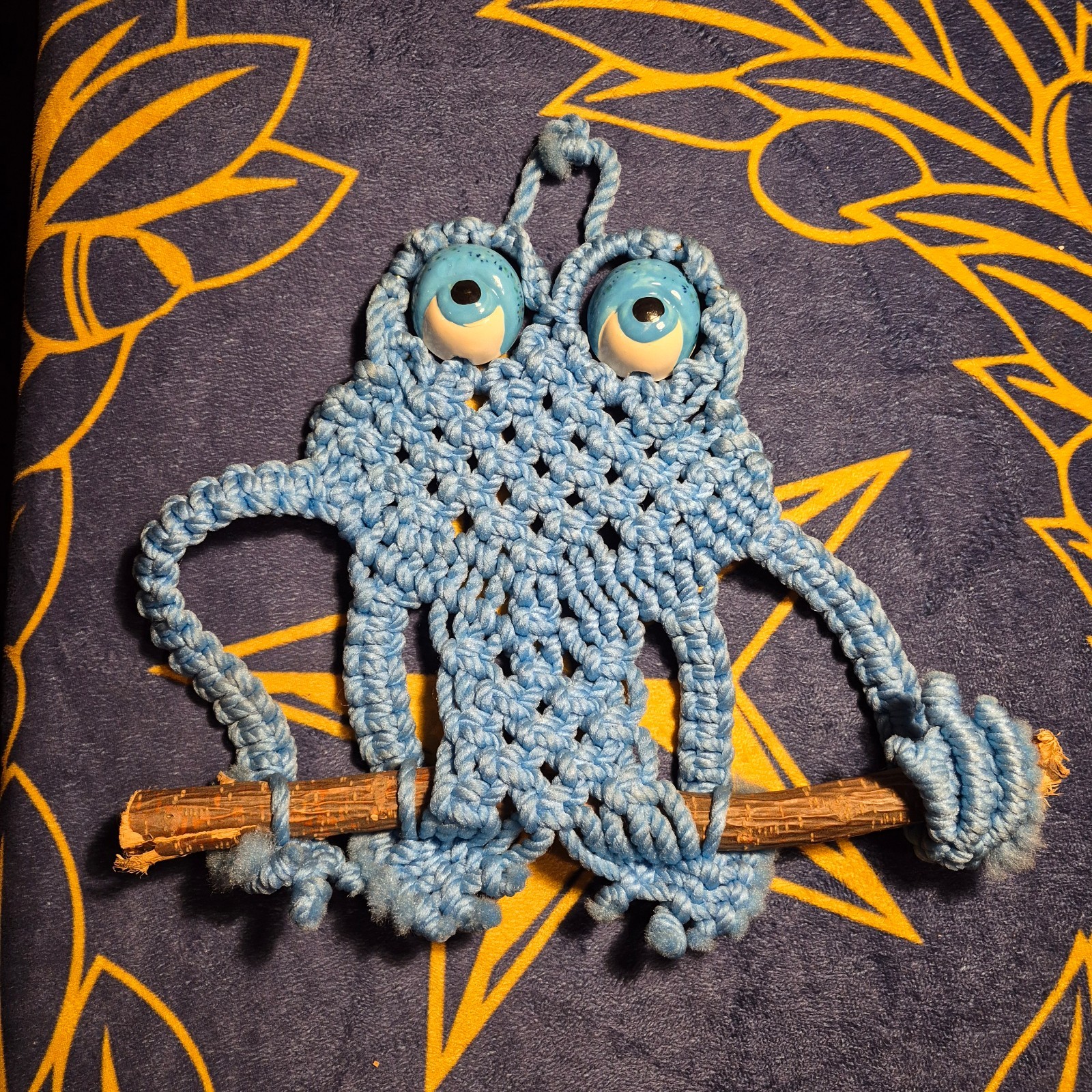 Vintage 1970s Blue Macrame Owl Wall Hanging on Wood Branch Boho