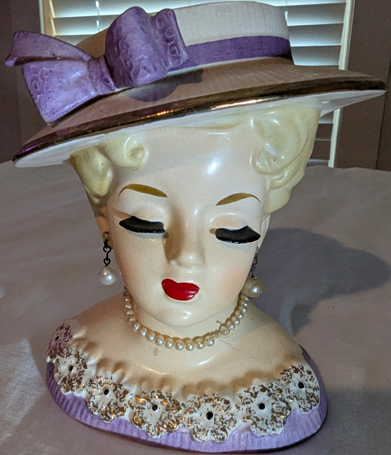 Vintage Rubens 499X Lady Head Vase Japan Mid Century Purple Hat Blonde Jewelry