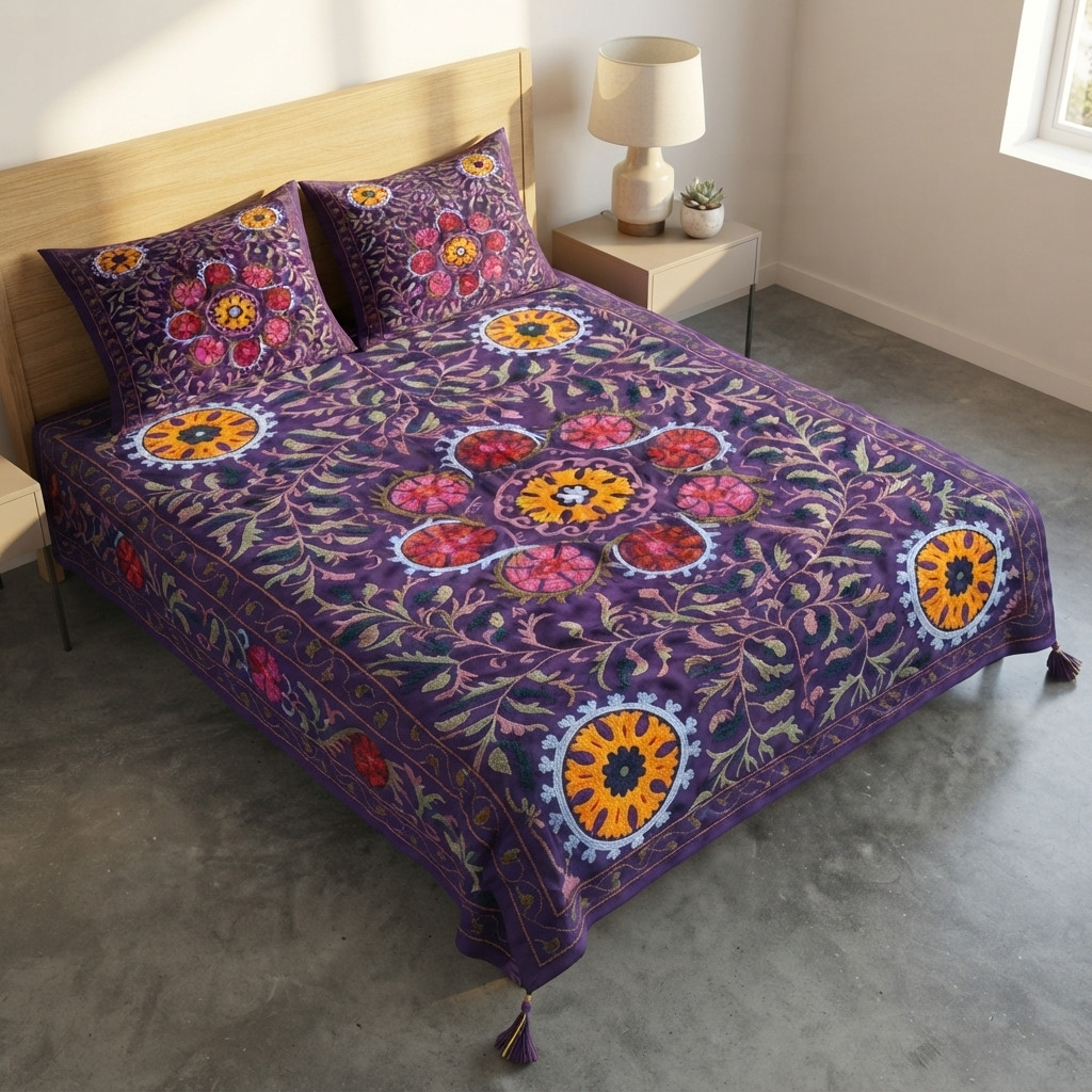 Handmade Purple Yellow Floral Embroidered Cotton Bedspread Coverlet