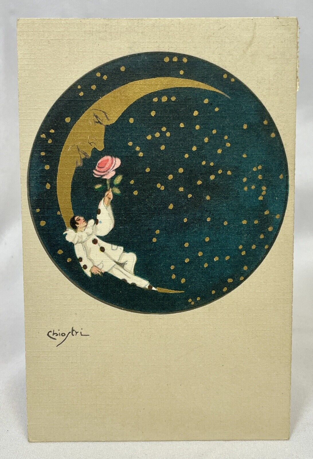 Italian Artist Sofia Chiostri | Pierrot Laying On The Moon w/ Rose | 1900