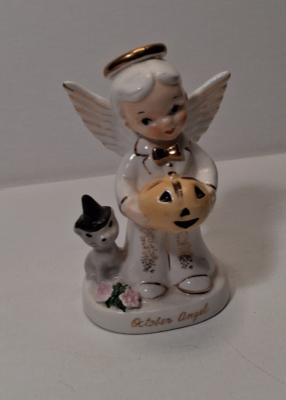 Vintage Napco October Birthday Angel Figurine A1926 /Halloween /Pumpkin JOL Cat