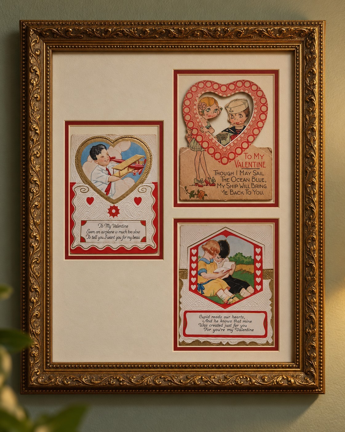 Lot of 3 Vintage Valentine Cards Embossed Die Cut Sailor Airplane Unframed