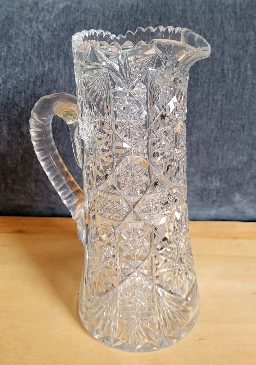 Antique American brilliant period cut glass tall pitcher 10\