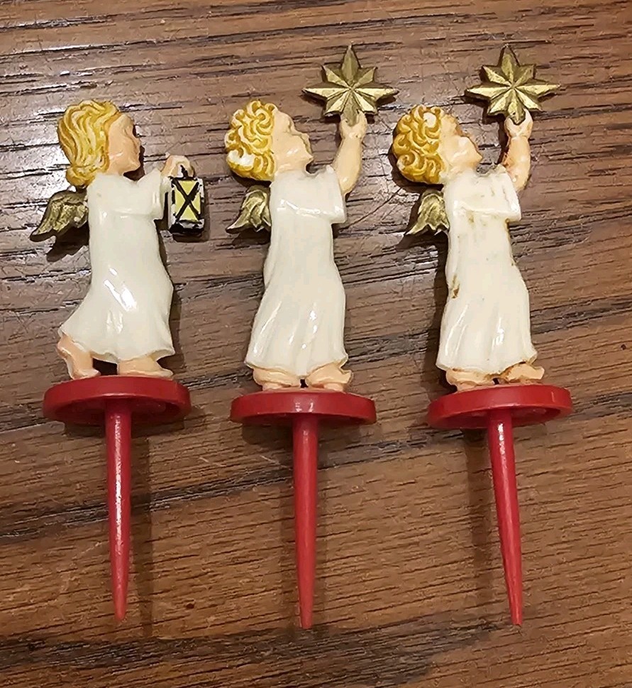 3 Vintage Cellulod Angel Christmas Cake Toppers Hard Plastic Germany