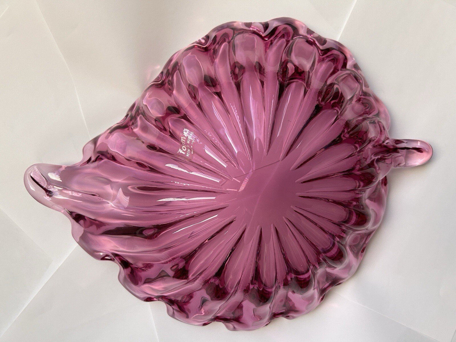Authentic Vintage Italy Formia Murano Glass Cranberry Leaf Centerpiece Bowl