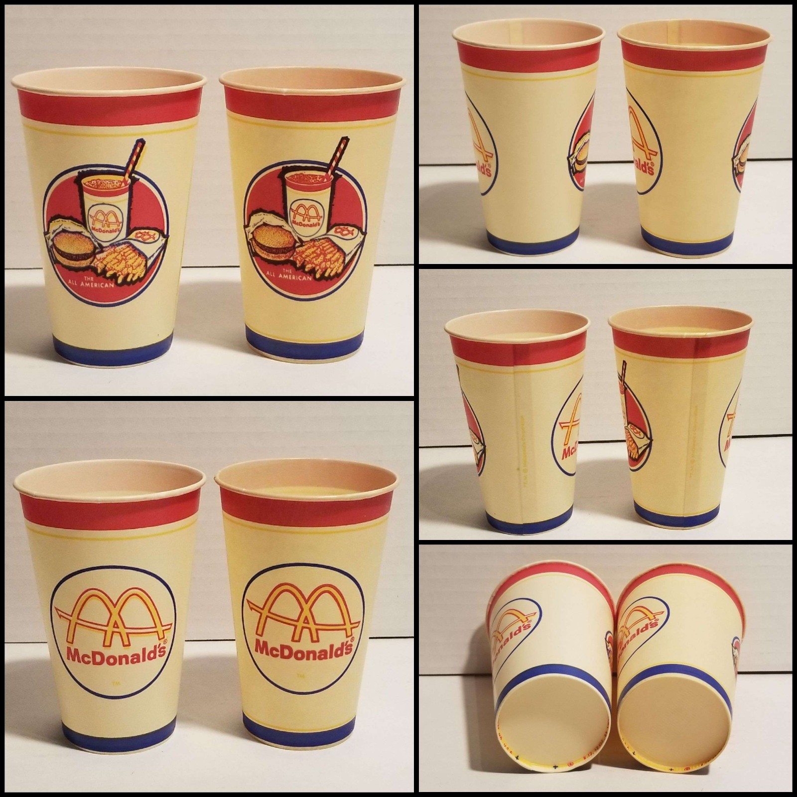 Two 1960s McDonald\'s Slash M logo The All American Wax Paper Cups, Unused, 12 oz