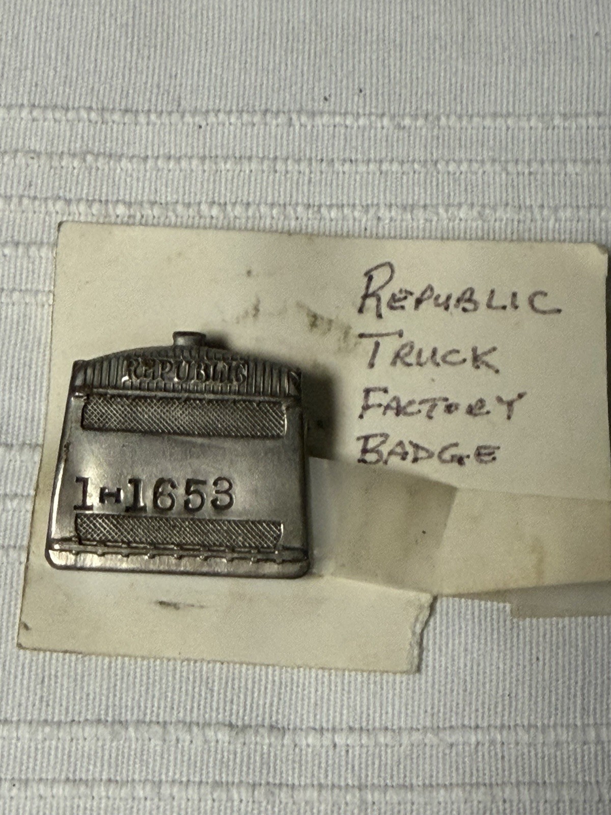 Vintage Republic Motor Truck Co Employee Badge No 1-1658 Radiator Shape Sign