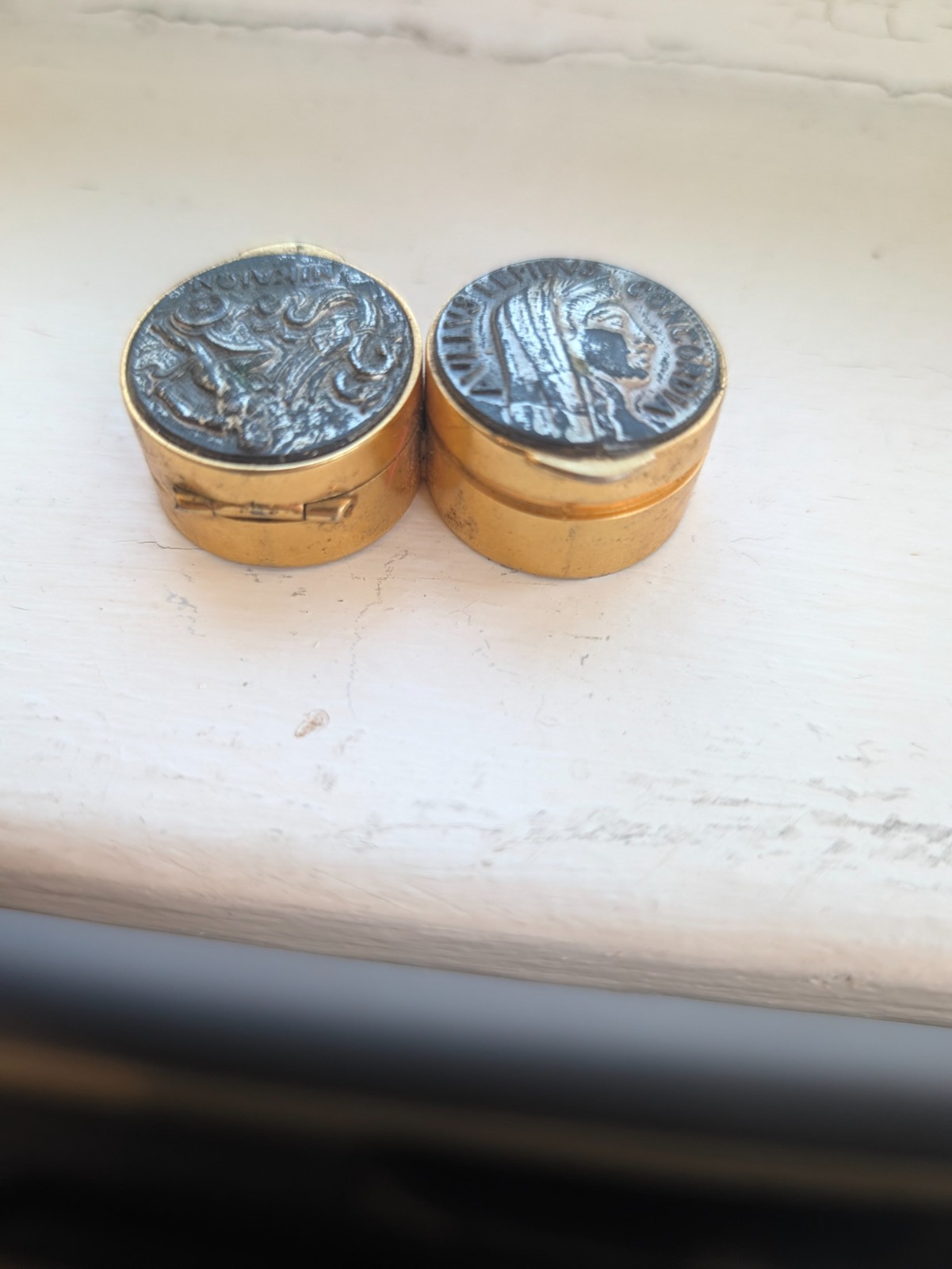 Vintage Double Brass Pill Box Connected Twin Compartment Roman Coin Replica