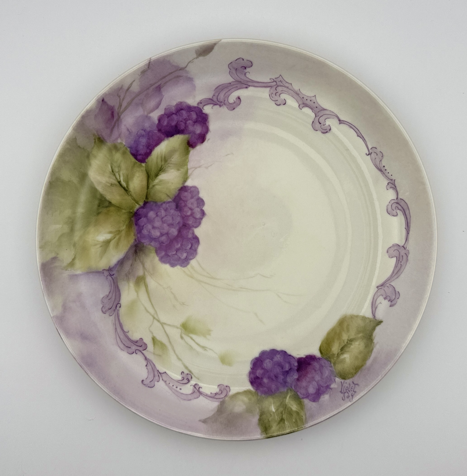 Rare Hand Painted Purple Floral Plate By Artist Violet Joy Antique Porcelain