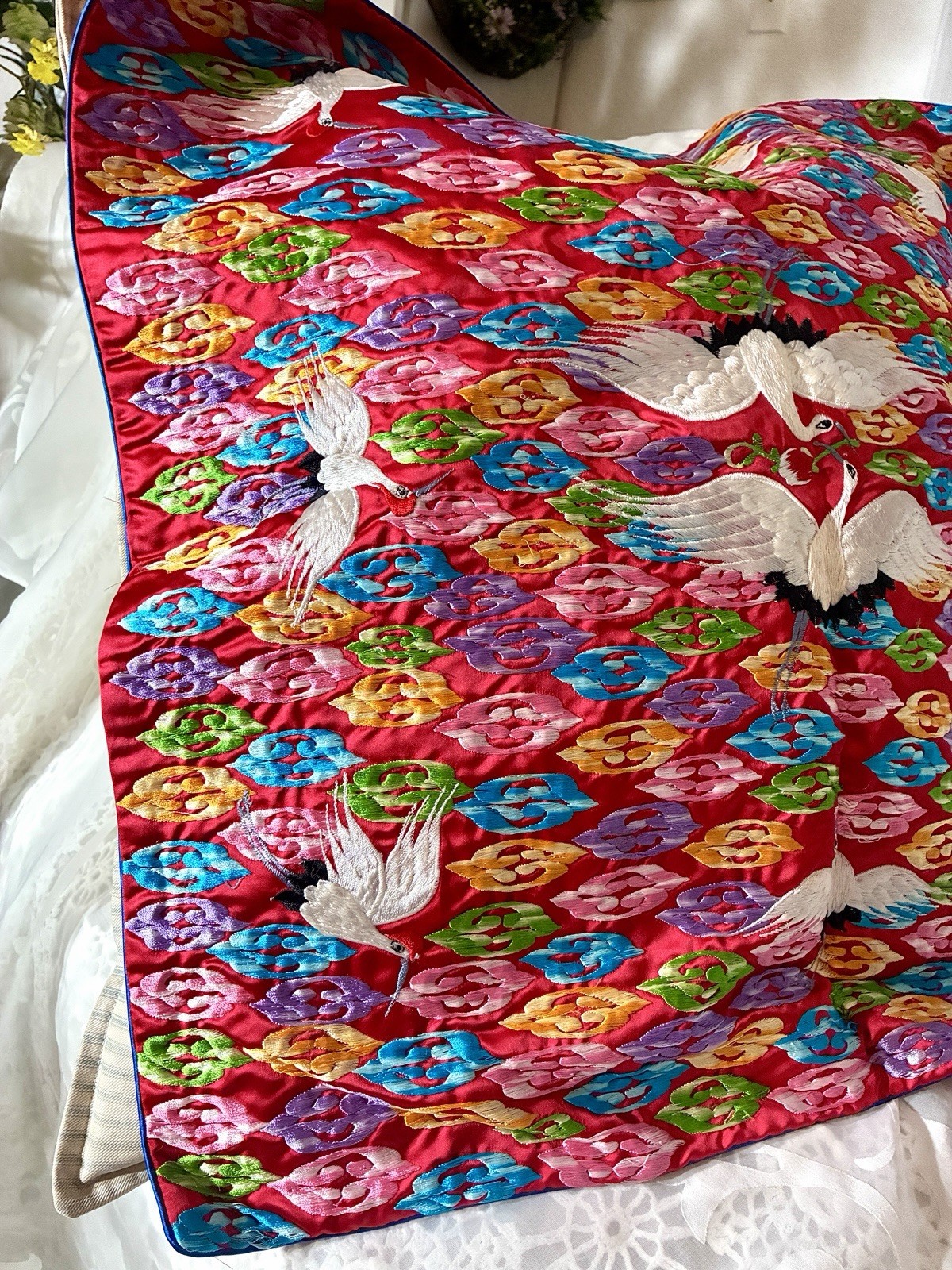 Vtg Traditional Korean Embroidered Decor Pillow Cover White. Flying Crane Vtg Traditional Korean Embroidered Decor Pillow Cover White. Flying Crane