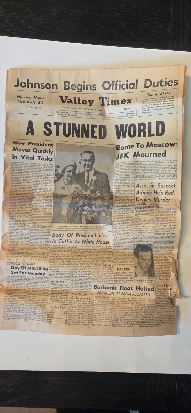 Valley Times, November 23, 1963, JFK Assassinated , A Stunned World, SF Valley