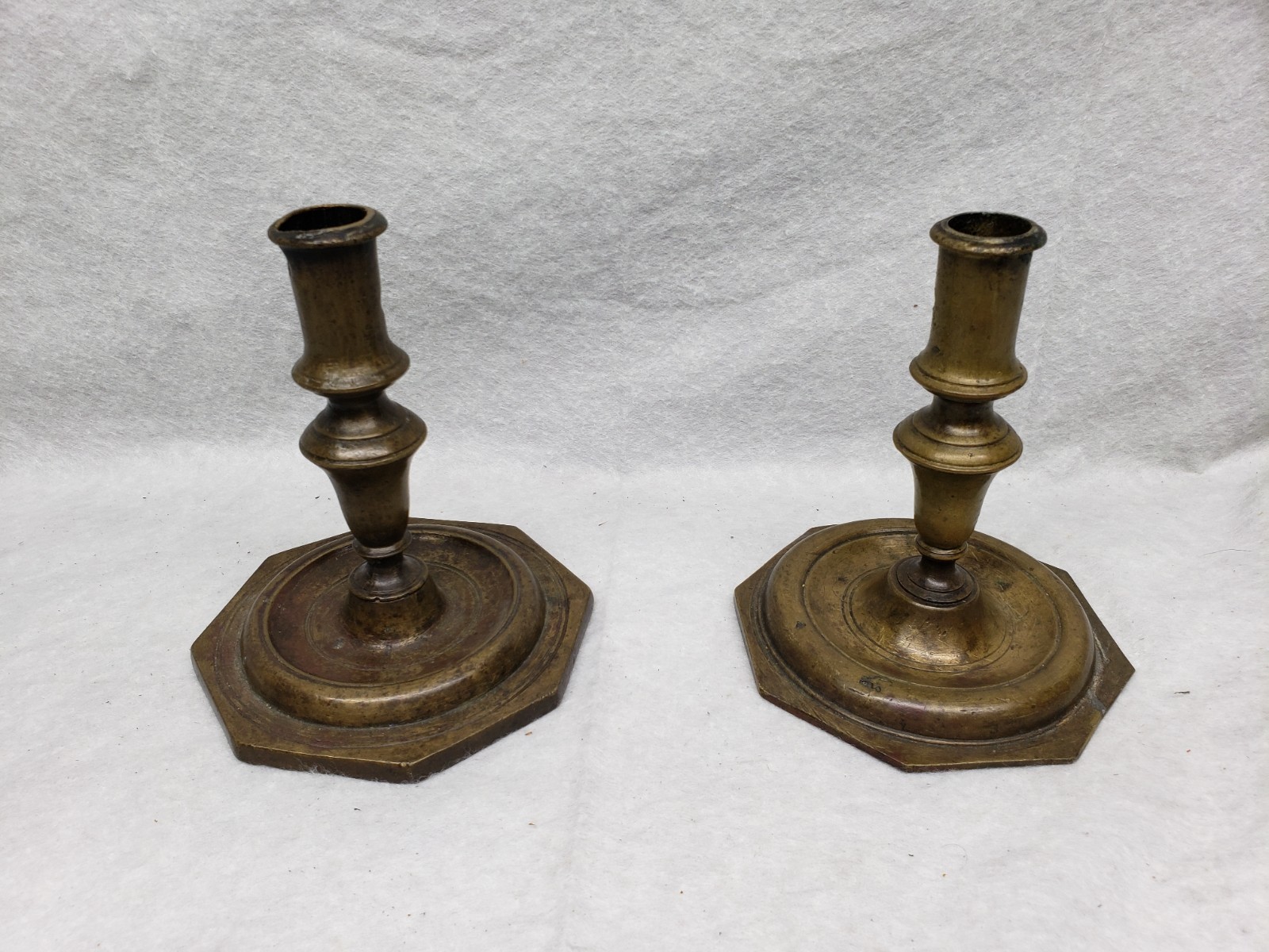 Antique 18th Century Heavy Cast Bronze Octagonal Candlesticks - Matching Pair