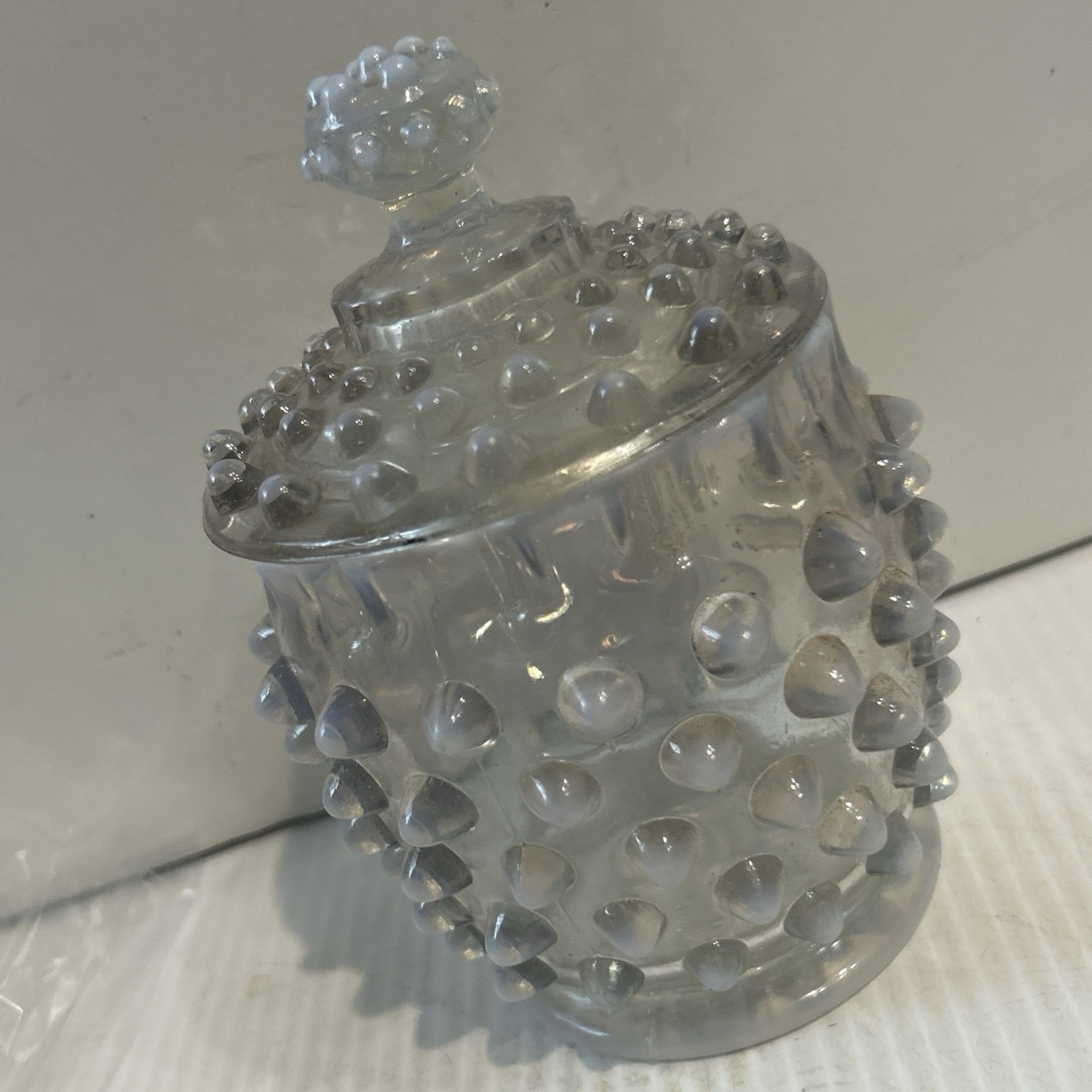 OPALESCENT Hobnail Spooner Ruffled Edge Moonstone 4” Vtg See Pics Small Chip