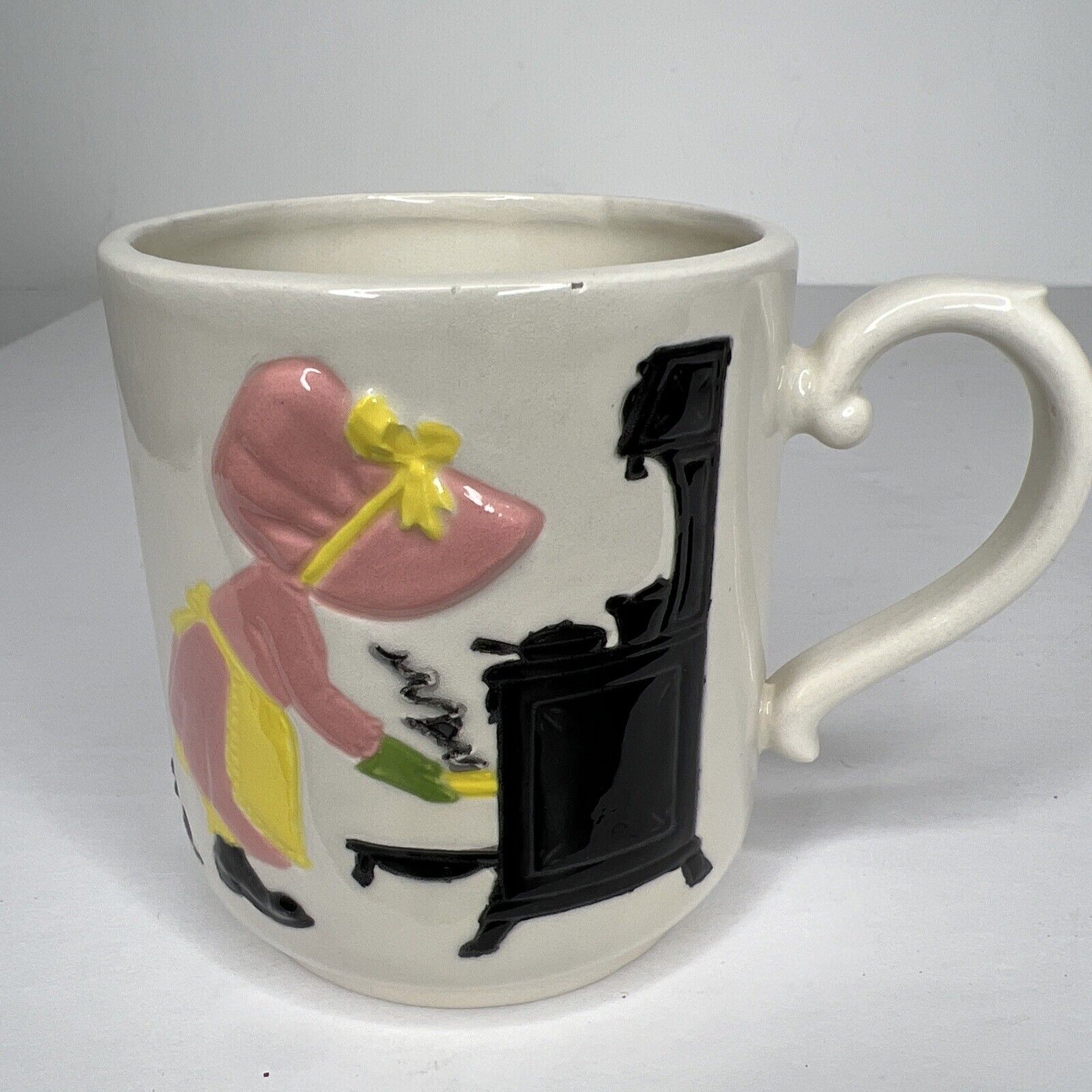 Vintage Tea Cup Coffee Mug 1976 Hand Painted  “Home Sweet Home” Black Stove Pink