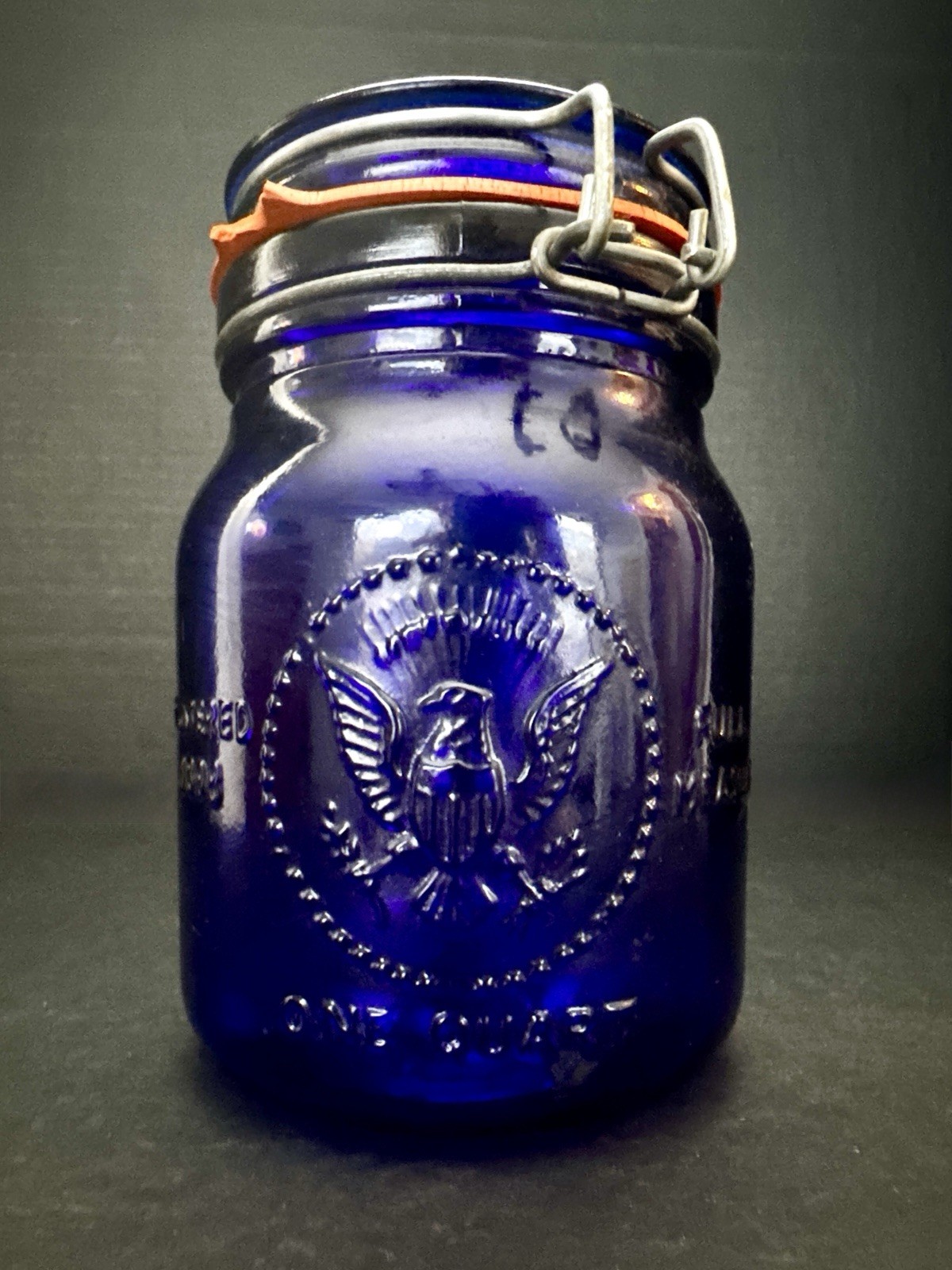 VTG Cobalt Blue Glass Canister Qt Jar Wire Bail Lid Italy Crownford China Co VTG Cobalt Blue Glass Canister Qt Jar Wire Bail Lid Italy Crownford China Co