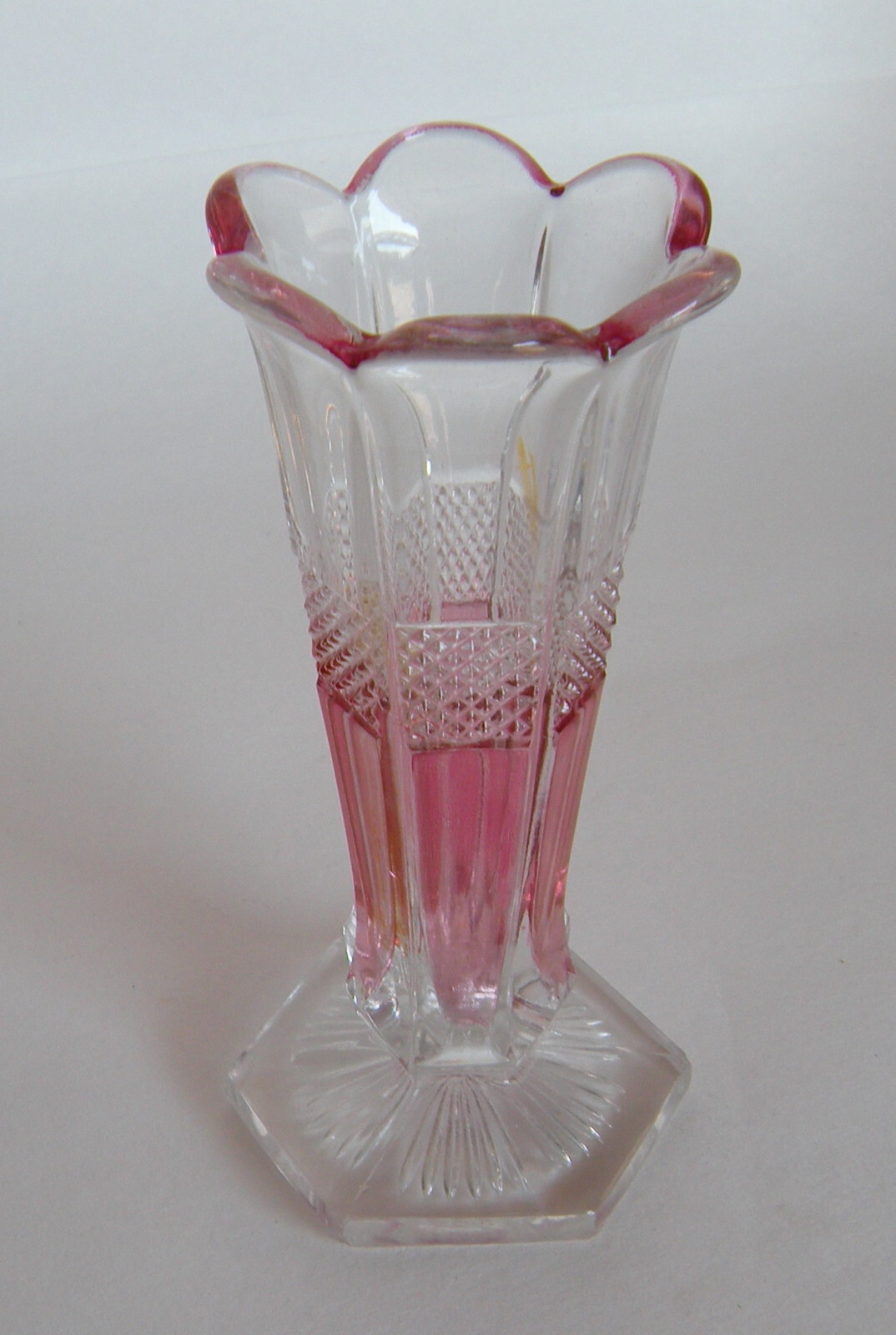 Vtg. Glass Vase,Clear to Iridescent pink,scalloped edge is also pink  (06)