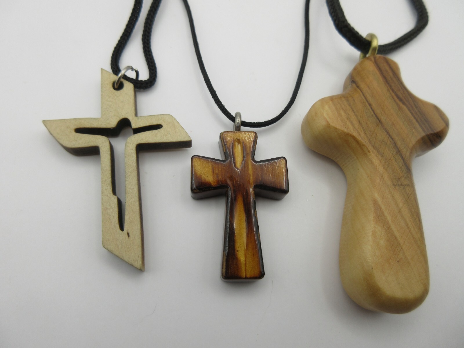 UNIQUE Lot of 3 Artisan Hand Crafted Wood Carved Cross Christian Body Pendant