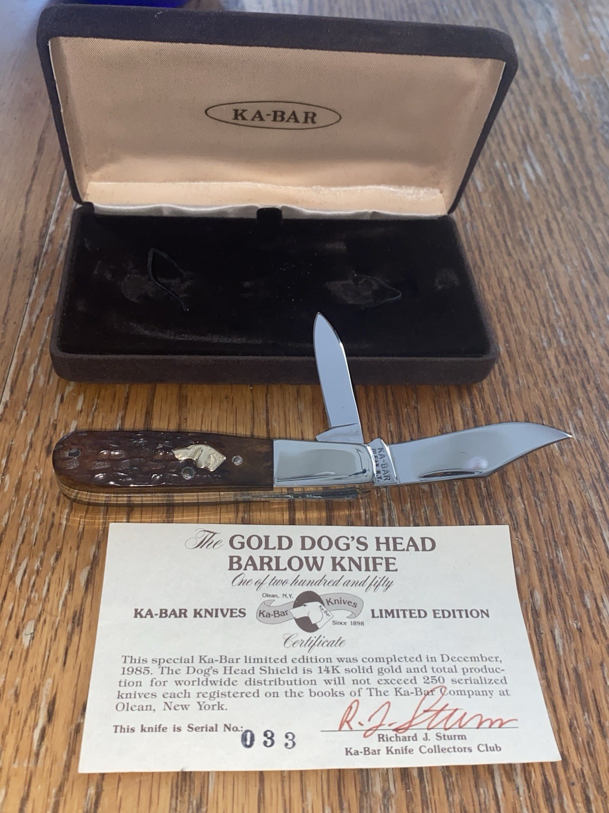 1985 KA-BAR 14K GOLD BARLOW DOG HEAD JIGGED BONE KNIFE #33