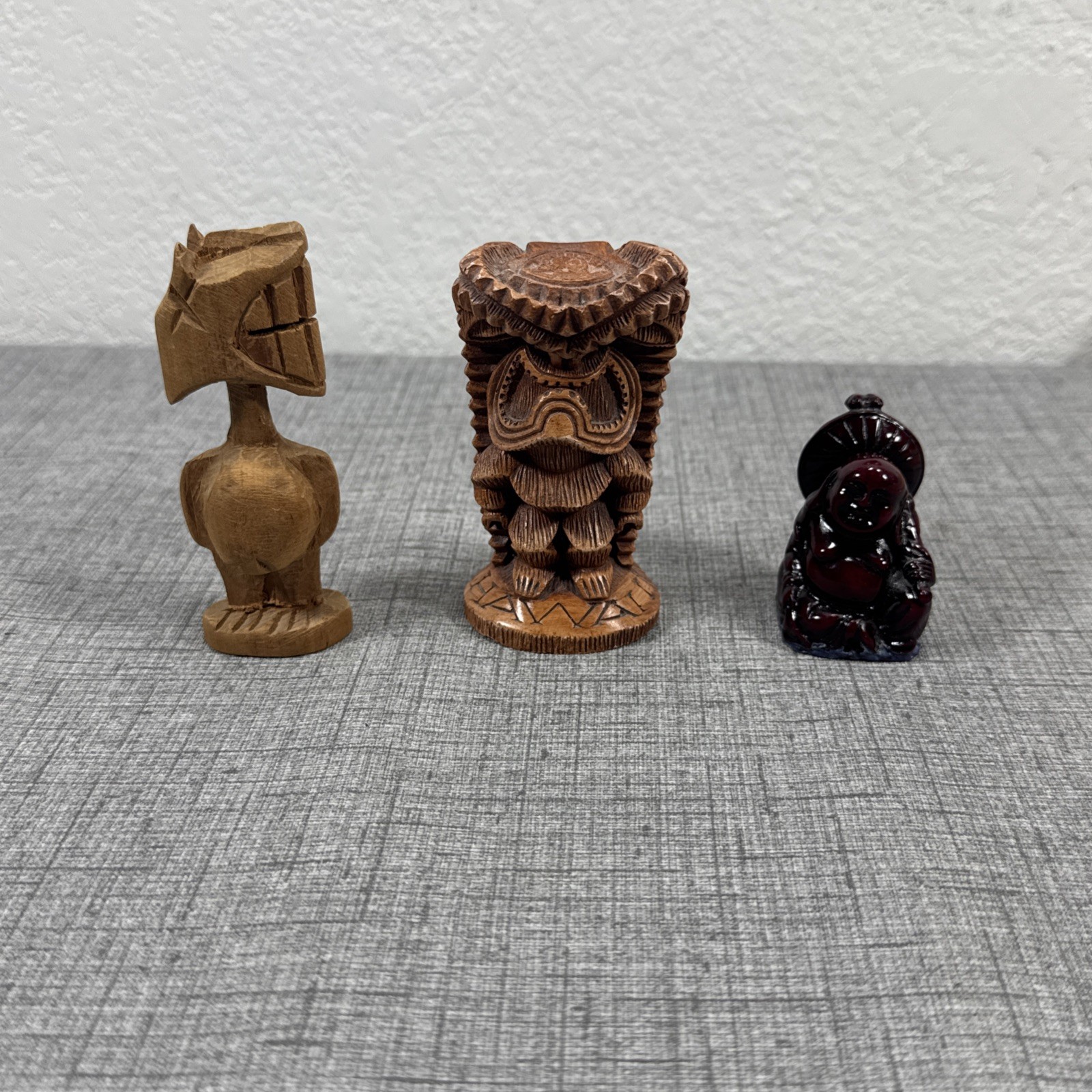 Vtge Lot Hawaiian Lucky Tiki Figure, African Hand Carved Figure & Small Buddha Vtge Lot Hawaiian Lucky Tiki Figure, African Hand Carved Figure & Small Buddha