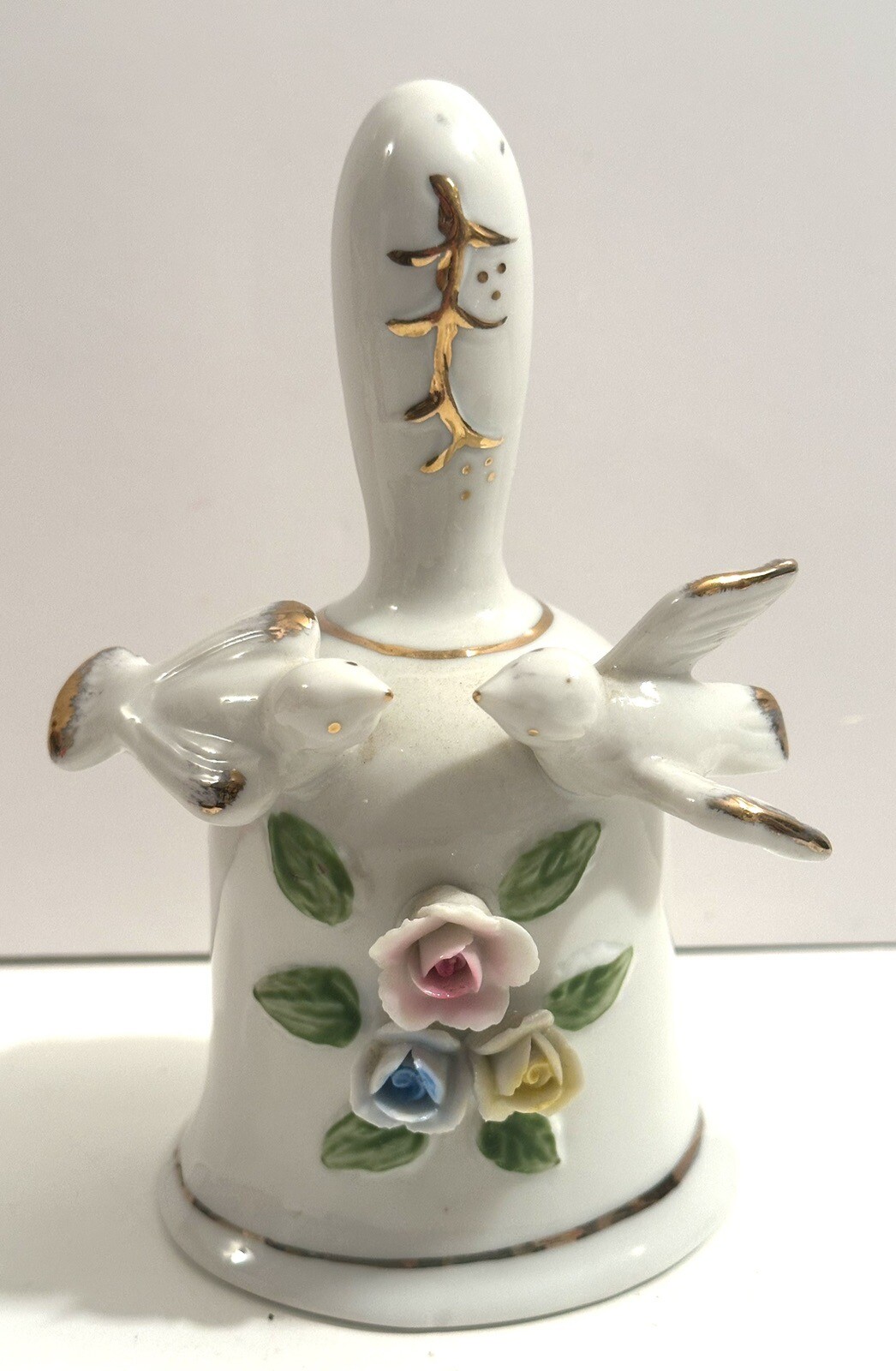 Vintage Taiwan Bisque Dinner Bell 3-D Birds, Roses And Gold Trim