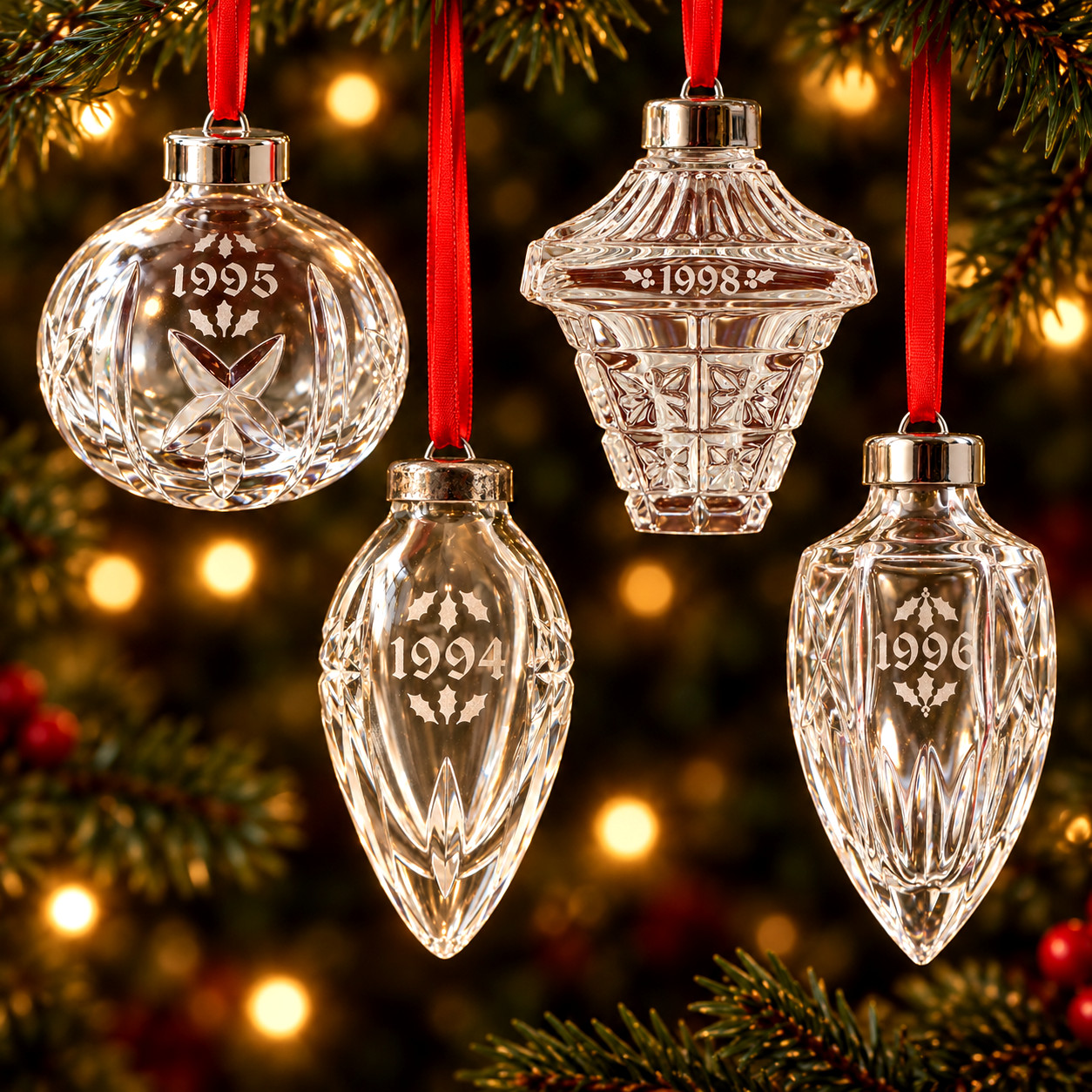 4 Waterford Crystal  Annual Christmas Ornaments 1994 1995 1996 1998 vintage Lot