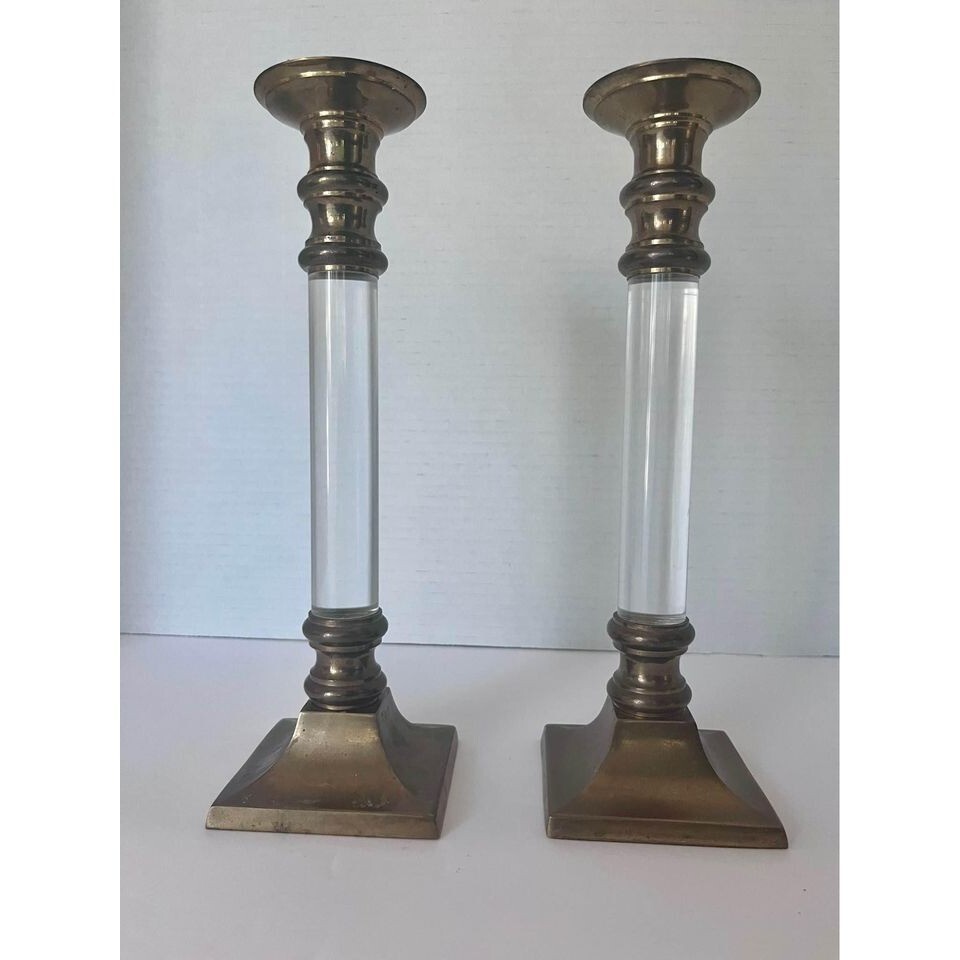 Mid-Century 70’s-80’s Modern Lucite & Brass Candle Holders or Candlesticks- Set